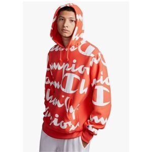 Champion Men's Reverse Weave Orange Giant Script Hoodie Size S Streetwear‎